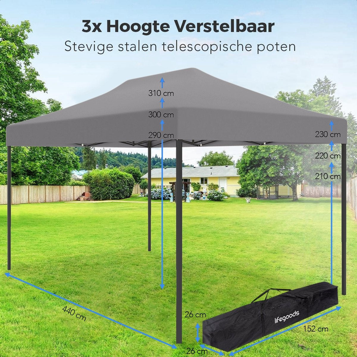 LifeGoods Partyzelt Pavillon 3,0 x 4,5 m Einfacher Aufbau Zusammenklappbar Wasserdicht Tragetasche mit Rädern Dunkelgrau