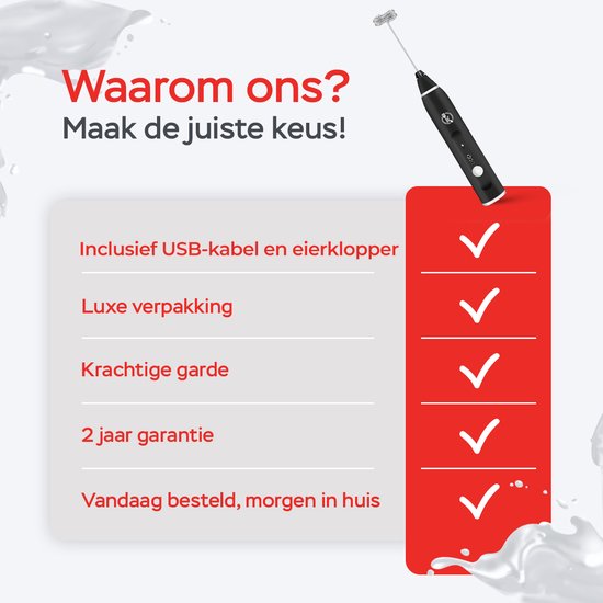Kitchenwell Elektrischer Milchaufschäumer - Milchaufschäumer manuell - Milchaufschäumer - 3 Geschwindigkeiten - Schwarz