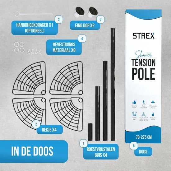 Strex - Eck-Duschablage - Verstellbar 70-275 cm - 4 Körbe - Ohne Bohren oder Schrauben - Schwarz