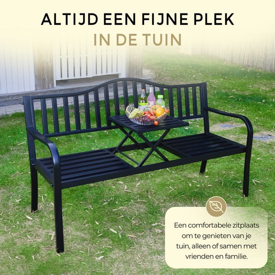 O'DADDY® Gartenbank mit Klapptisch - Gartenbank - Wetterfeste Bank - Gartenbänke - Bank für 2 oder 3 Personen - 150 x 60 x 87 cm - Schwarzes Metall