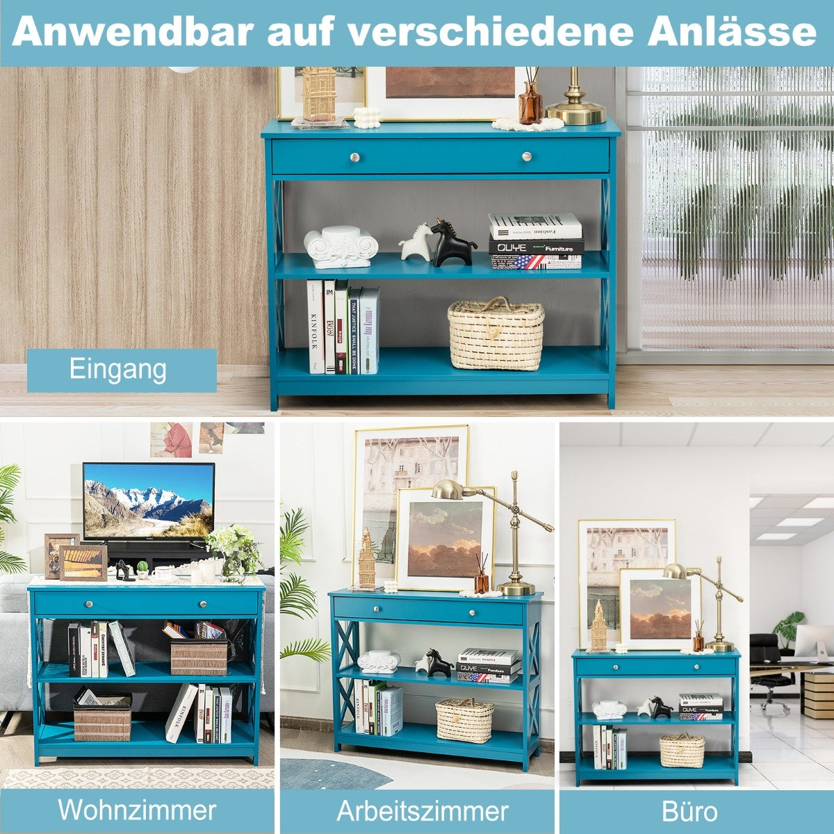 Coast 3 NIVEAS CONSOL TABLE WITH TRAY & 2 Regale und X-förmige Beine blau