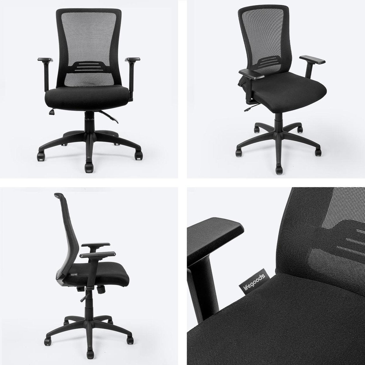 LifeGoods Ergonomischer Bürostuhl - Schreibtischstuhl - Verstellbar - Erwachsene - Schwarz