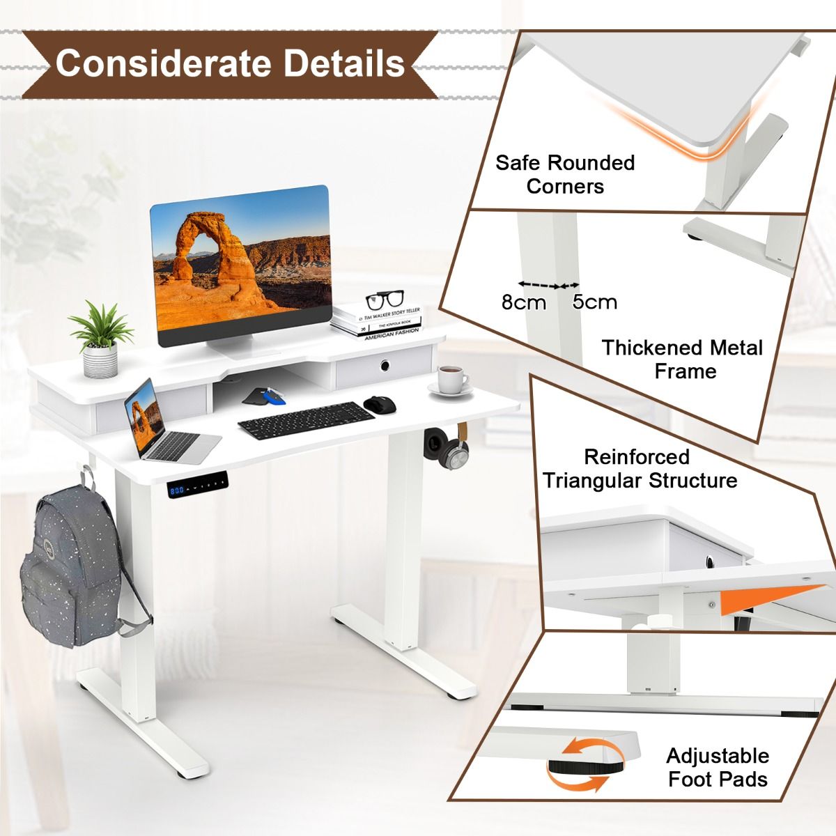 Coast Elektrischer Sitz-Steh-Schreibtisch – Höhenverstellbar – Mit Monitorhalterung und Schubladen – Weiß 100 x 60 cm