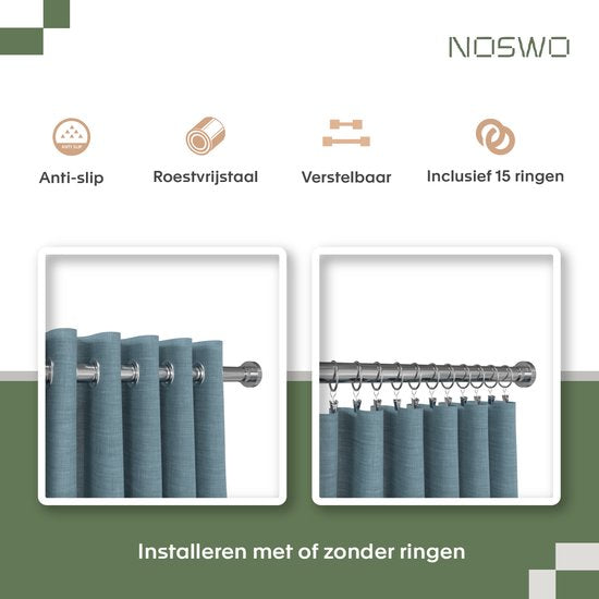 Noswo Vorhangstange Ohne Bohren - 130-230 cm - Inklusive 15 Ringe - Ausziehbar - Duschstange - Duschvorhangstange - Klemmstange - Selbstspannend - Silber