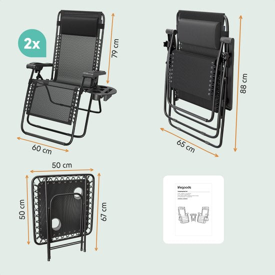 LifeGoods Liegestühle - klappbar - Komplettset - mit Beistelltisch - 30°-90° verstellbar - Gartenstühle - Metall - Schwarz