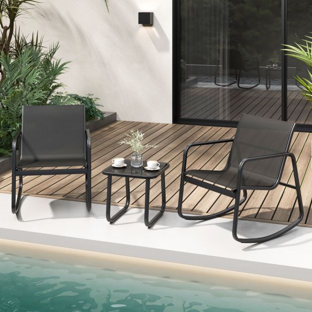 Coast 3-teiliges Schaukelset Balkonset mit 2 Stühlen - 72x61x80 cm - Tisch - 44x44x40 cm - Schwarz - Gartenmöbelset mit sanfter Schaukelbewegung