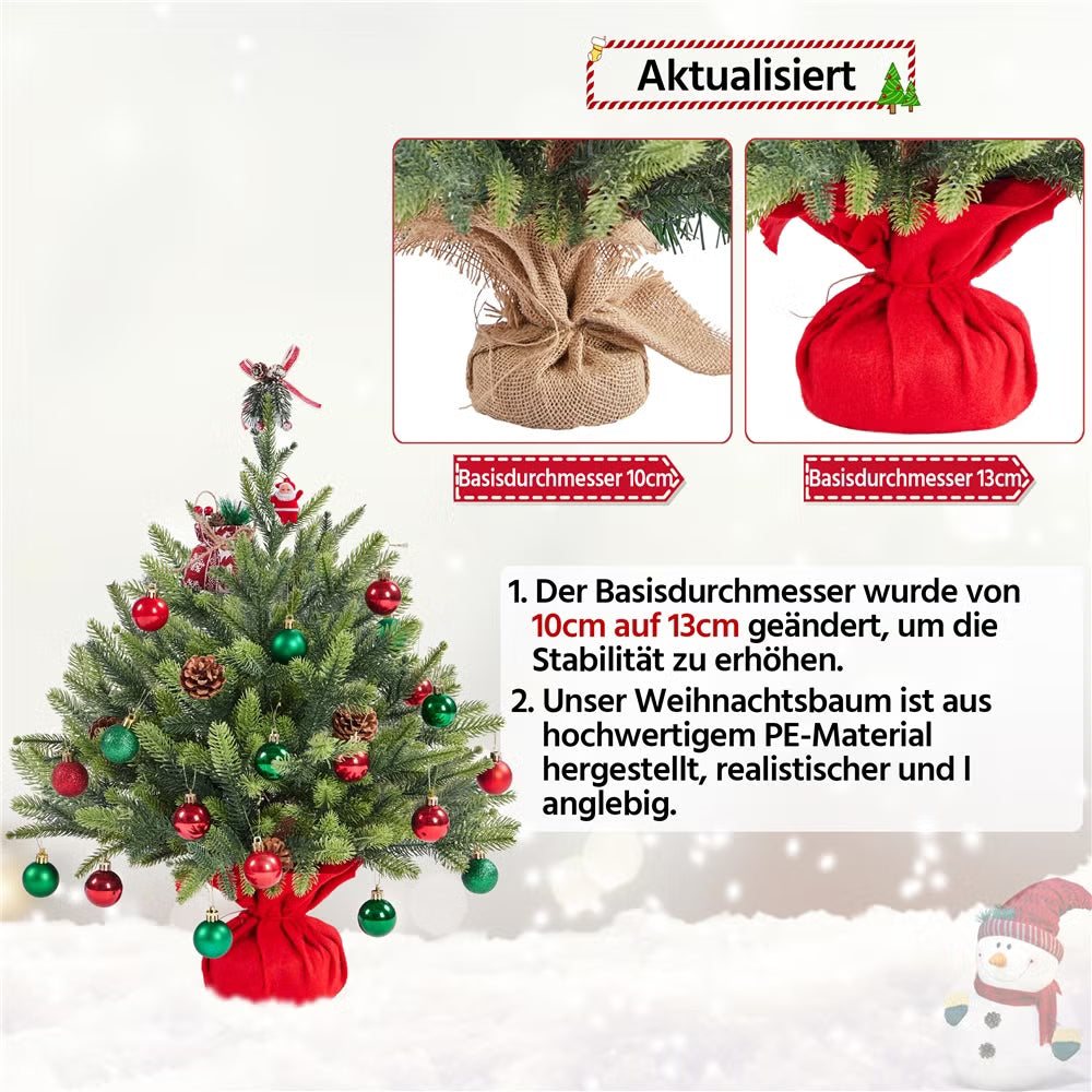 Yaheetech Künstlicher Weihnachtsbaum Mini - 61 cm - Mit 62 Zweigen und schwerem Betonsockel und dekorativer roter Stoffhülle - Für Tisch und Fensterbank - Grünes Polyethylen und Metall - 58 x 58 x 61 cm