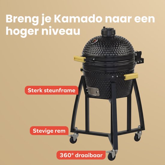 KitchenBrothers Kamado BBQ Sockel - Für 41⌀ cm - Geeignet für 16-Zoll KitchenBrothers Kamado - 102 cm Höhe - Mit Rädern und Bremse - Schwarz