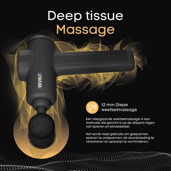 Revolt® Luxus-Massagepistole - extra stark - für die Erholung der Muskeln und bei Verletzungen - hohe Amplitude - 6 verschiedene Geschwindigkeiten - 6 Aufsätze - Luxus-Aufbewahrungskoffer