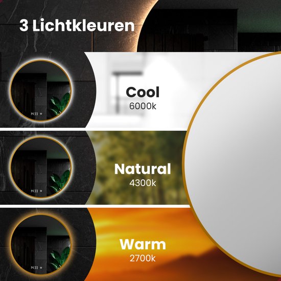 Mirlux Badezimmerspiegel mit LED-Beleuchtung & Heizung - Wandspiegel rund - Anti-Kondensations-Duschspiegel - Goldrahmen - 80CM