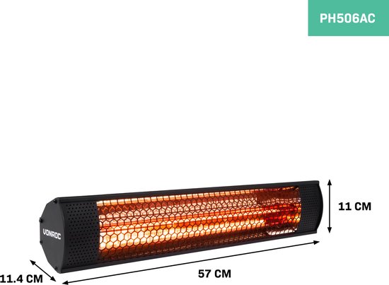 VONROC Terrassenheizer - Wasserdicht & Blendarm - 2000 W - 57 x 11 x 11,4 cm - Schwarz