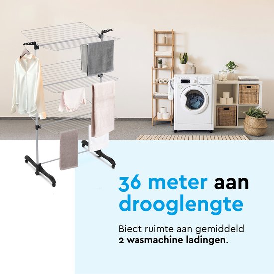 BRASQ Trockenturm zusammenklappbar 3 Lagen - Trocknungslänge 36 Meter - Wäscheständer mit Rädern und Haltern - Wäscheständer - Wäscheturm 77x73x140 cm