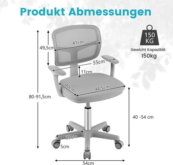Coast 360° drehbarer Kinderschreibtischstuhl – 80–91,5 cm – für Kinder von 3 bis 10 Jahren – grau
