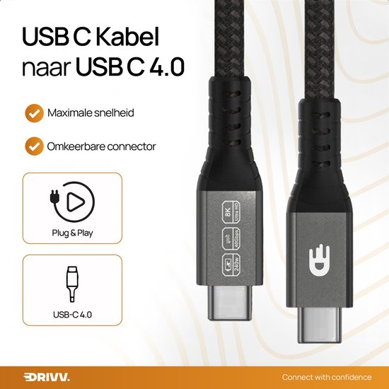Drivv. USB-C-zu-USB-C-Kabel 4.0 – Gen 3 – 240 W Schnelllader – 8K 60 Hz – 40 Gbit/s – 3 Meter – Nylon – Schwarz