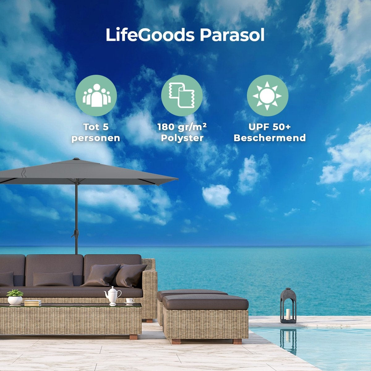 LifeGoods - Rechteckiger Sonnenschirm mit Bezug - 30° neigbar - Wasserdicht - 270x180cm - Dunkelgrau