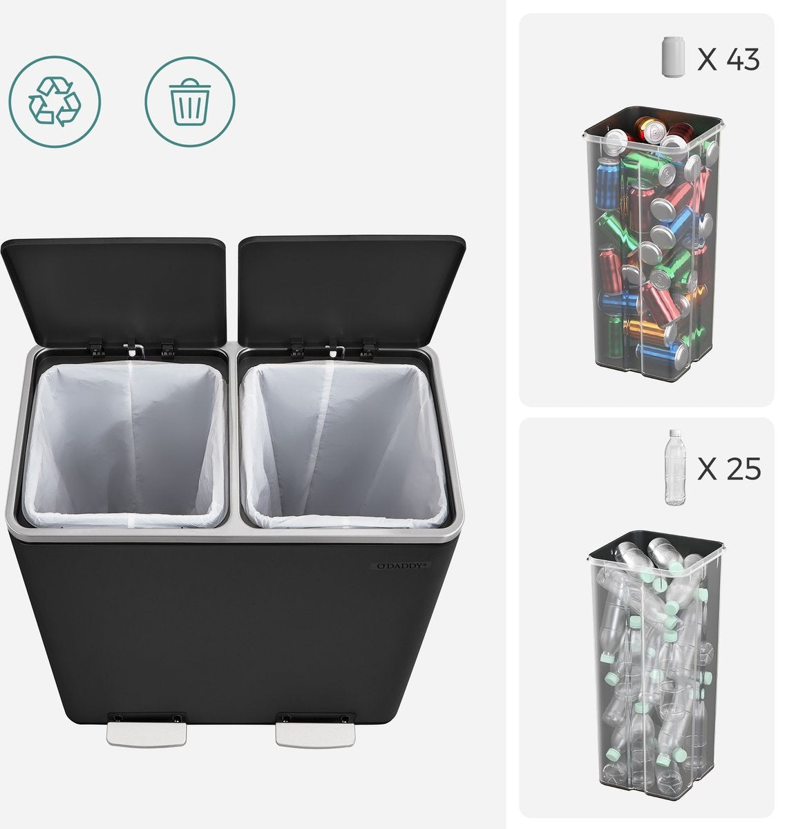 O'DADDY® Mülltrenner - Mülleimer 60L (2x 30L) - Treteimer - 59 x 65 x 32 cm - Schwarz