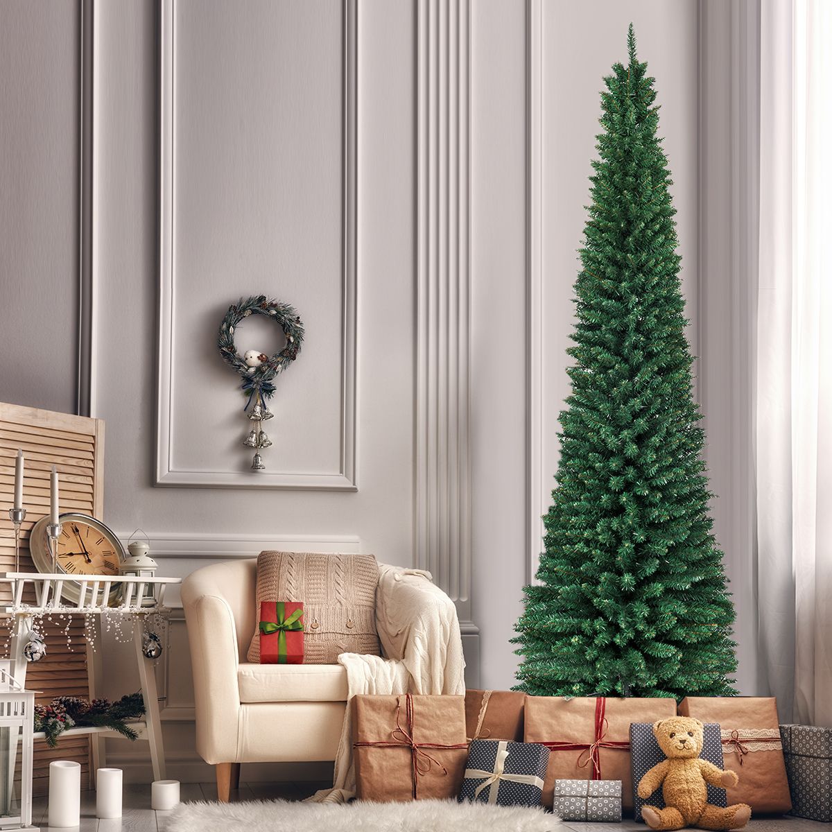 Coast Pencil Weihnachtsbaum 270 cm Grün - schlanker künstlicher Weihnachtsbaum mit Metallständer - 1500 Zweige