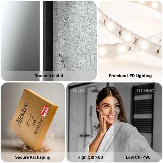 Mirlux Badezimmerspiegel mit LED-Beleuchtung und Heizung – Wandspiegel, rechteckig – beschlagfreier Duschspiegel – 120 x 60 cm – schwarzer Rahmen