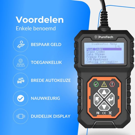 PuroTech OBD2 Scanner - OBD - Diagnoserechner - Fehlerbeseitigung - Auslesegeräte - Autozubehör - Autoauslese - Diagnosegeräte für Autos - Motorschaden - Niederländisches Handbuch