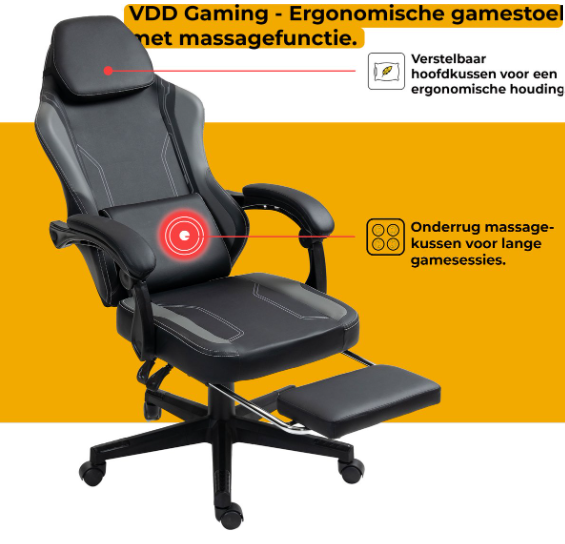 VDD Gaming-Gaming-Stuhl mit Massagefunktion – Schwarz/Grau – 70 x 70 x 125 cm – Verstellbar, Fußstütze, 150 kg