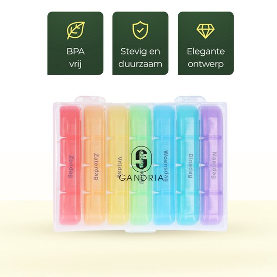 Gandria Pillenbox 7 Tage - Herausnehmbare Pillenbox - Medizinbox mit 28 Fächern - Medizinbox mit stabilem Verschluss - 4 Fächer pro Tag - 7 Farben