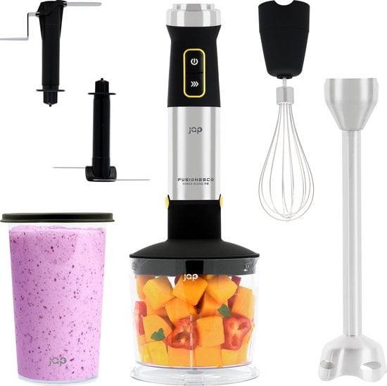 JAP Appliances ForceBlend F2 - 5in1 Stabmixer-Set (1500W) - Inklusive Zerkleinerer, Messbecher, Eiscrusher, Schneebesen und Rührbesen - Für Suppe, Fleisch, Smoothies und Baby-Snacks - Schwarz/RVS