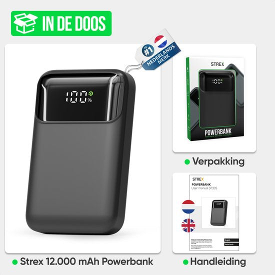 Strex Powerbank - 12.000 mAh - 22,5W Schnellladegerät - USB-A/USB-C - LED-Anzeige - Universal Powerbank geeignet für iOS/Android, u.a.