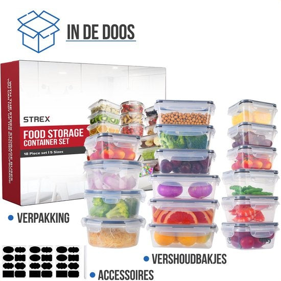 Strex Food Storage Containers - Meal Prep Containers - Kunststoff-Gefrierschrank-Container - mit Deckel - 18 Stück Set - BPA Free Microwave Containers