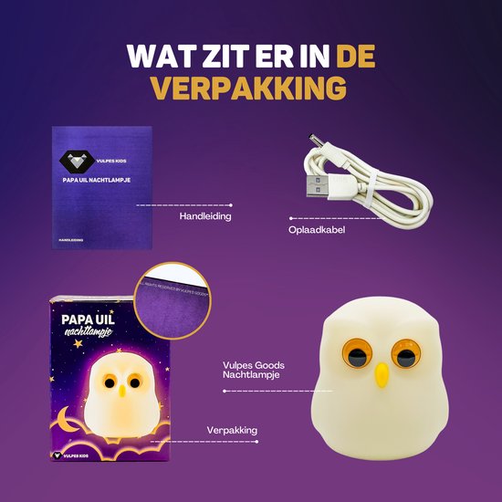 Vulpes Goods® Kinder-Nachtlicht - 8 LED-Farben & Weiß - Babyzimmer-Nachtlicht - Eule - USB wiederaufladbar - Dimmer - Timer - Kabellos - Kinderfreundlich