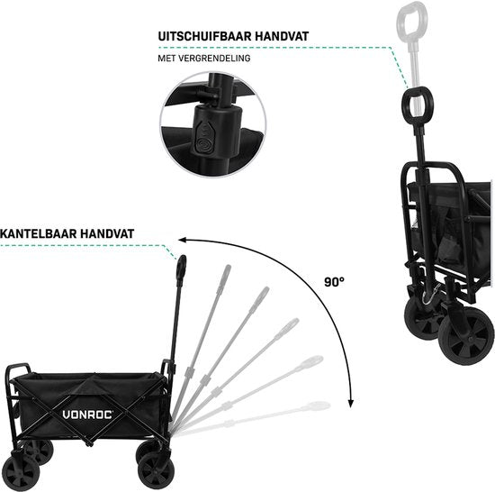 VONROC Bolderkar - Kompaktes Modell - Zusammenklappbar - 60 kg Tragkraft - 50l Fassungsvermögen - Solide Anti-Leck-Räder - Stabiler Stahlrahmen - Polyester 600D - Schwarz