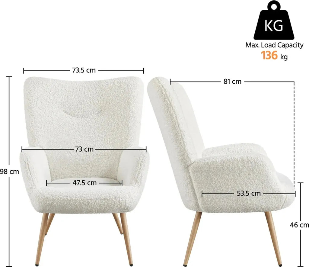 Yaheetech Relaxsessel 73,5 x 81 x 98 cm – Weiß – Skandinavischer Sessel mit Bouclé-Bezug