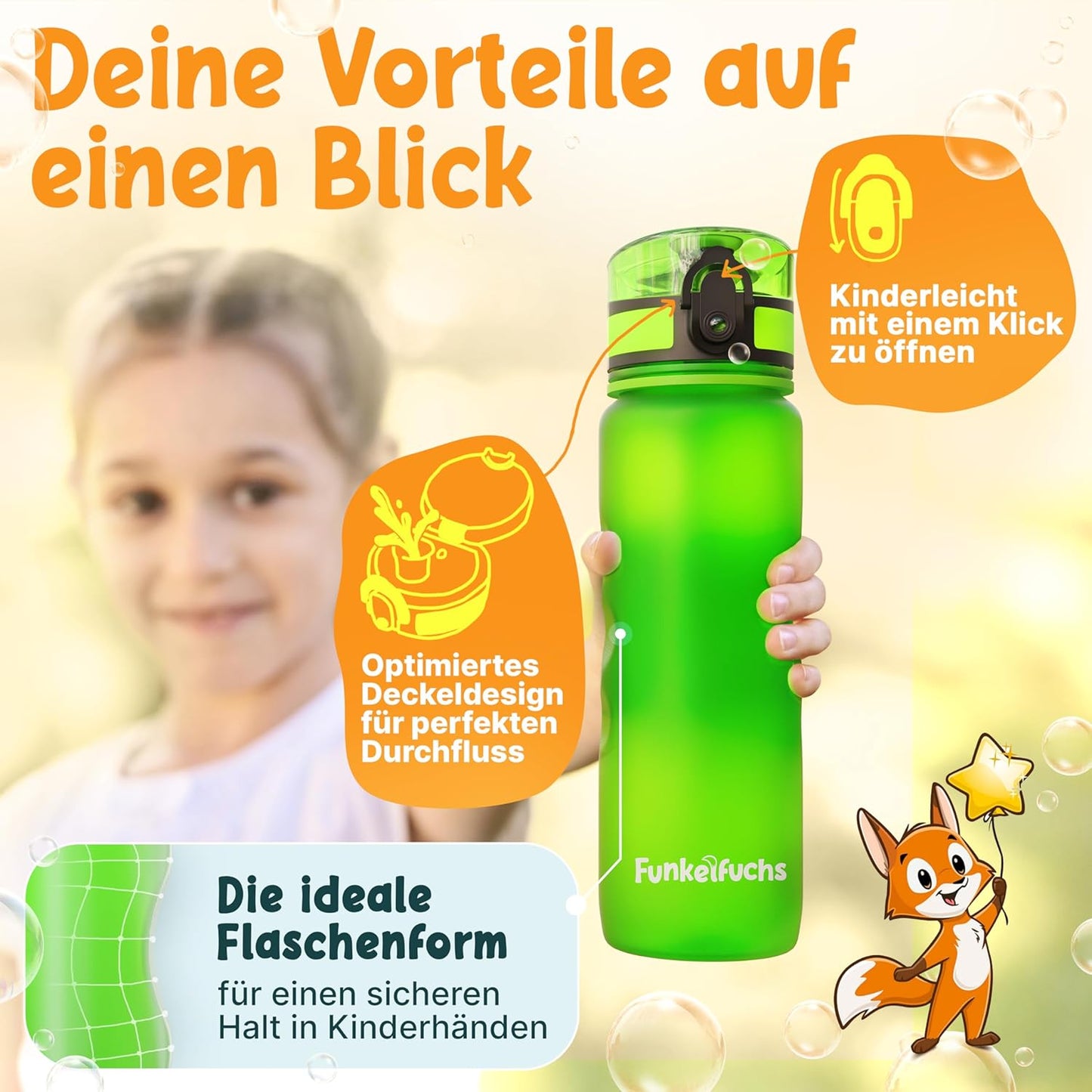 Funkelfuchs® - Trinkflasche für Kinder - 500ml, grün - mit Kohlensäure - 100% auslaufsicher - Wasserflasche spülmaschinenfest - für Kindergarten, Schule, Sport