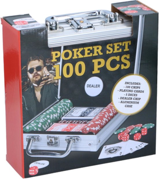 Pokerset im Aluminiumkoffer - 100 Pokerchips - Spielkarten - 5 Würfel - Dealer-Chip