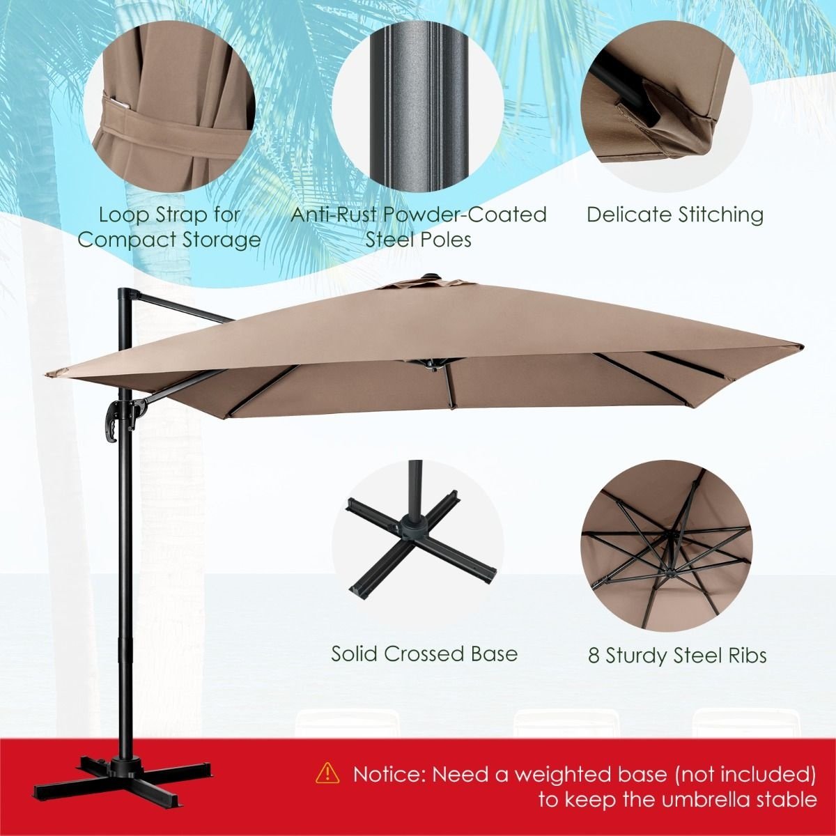 Coast Schwimmender Sonnenschirm - Kippbar - 300 x 300 x 273 cm - Kaffeebraun