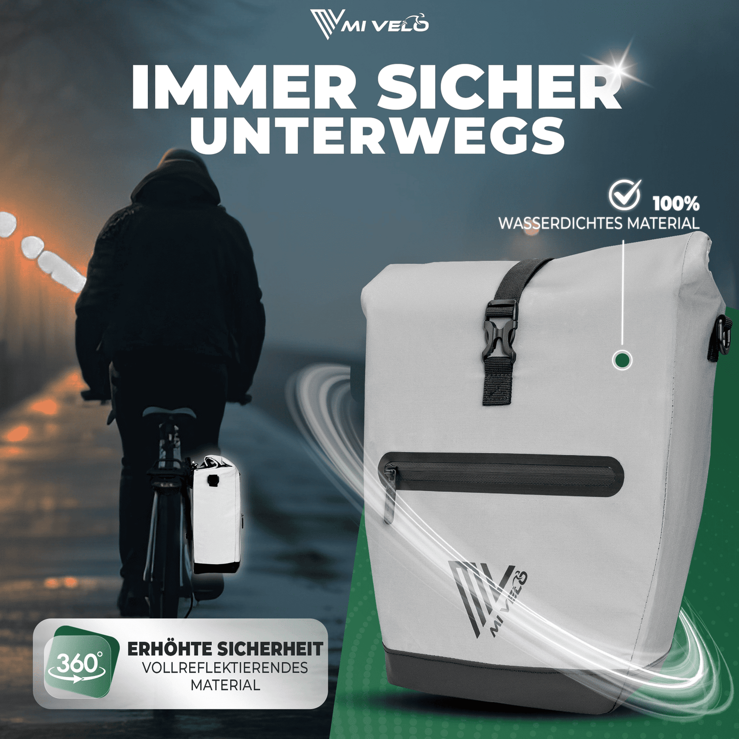 Mivelo 2-in-1 Packtasche für Gepäckträger Capax 25L - Wasserdicht - 58 x 24/32 x 16 cm - Voll reflektierend