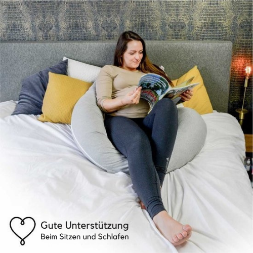 EL-Life - Schwangerschaftskissen XXL - J-Shape - 155cm - abnehmbarer Jersey-Baumwollbezug - Hellgrau