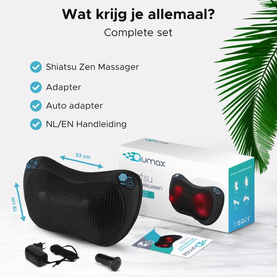 Qumax Massagekissen - Wärmefunktion - Elektrisches Shiatsu-Massagekissen - Für Haus und Auto - Schwarz
