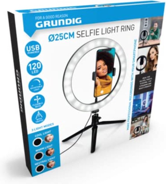 Grundig Selfie Ringlampe auf Stativ - Ringlicht - für Smartphone - Social Media und Vlogs - LED - Flexibel - 25 cm