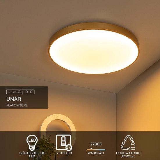 Lucide UNAR – Deckenleuchte – Ø 60 cm – LED 3-Stufen-Dimmer – 1x60 W, 2700 K – Mattgold / Messing