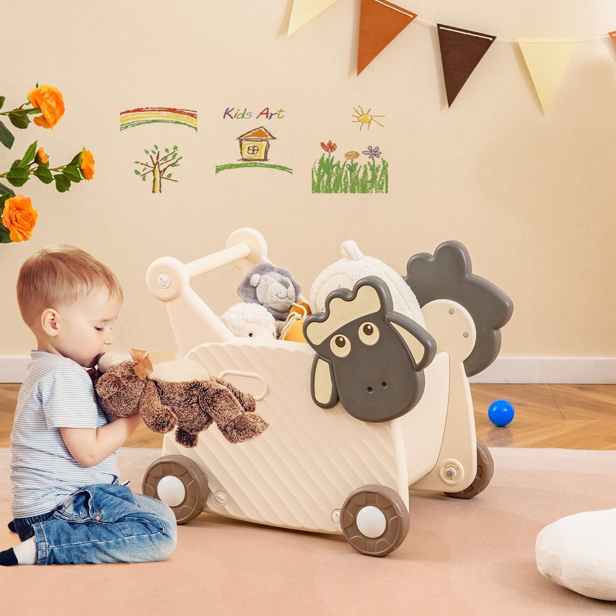 Coast Schaap Laufwagen für Kinder – 2-in-1-Aufbewahrungswagen und Lauflernhilfe – 18 Liter – Beige und Grau