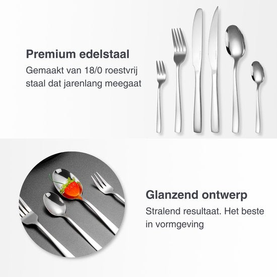 Deleca 8 Personen Besteckset Essential (48 Teile) - Löffel, Messer, Gabeln, Steakmesser & Kuchengabeln - Spülmaschinenfestes Besteck - Glänzend Silber / Edelstahl