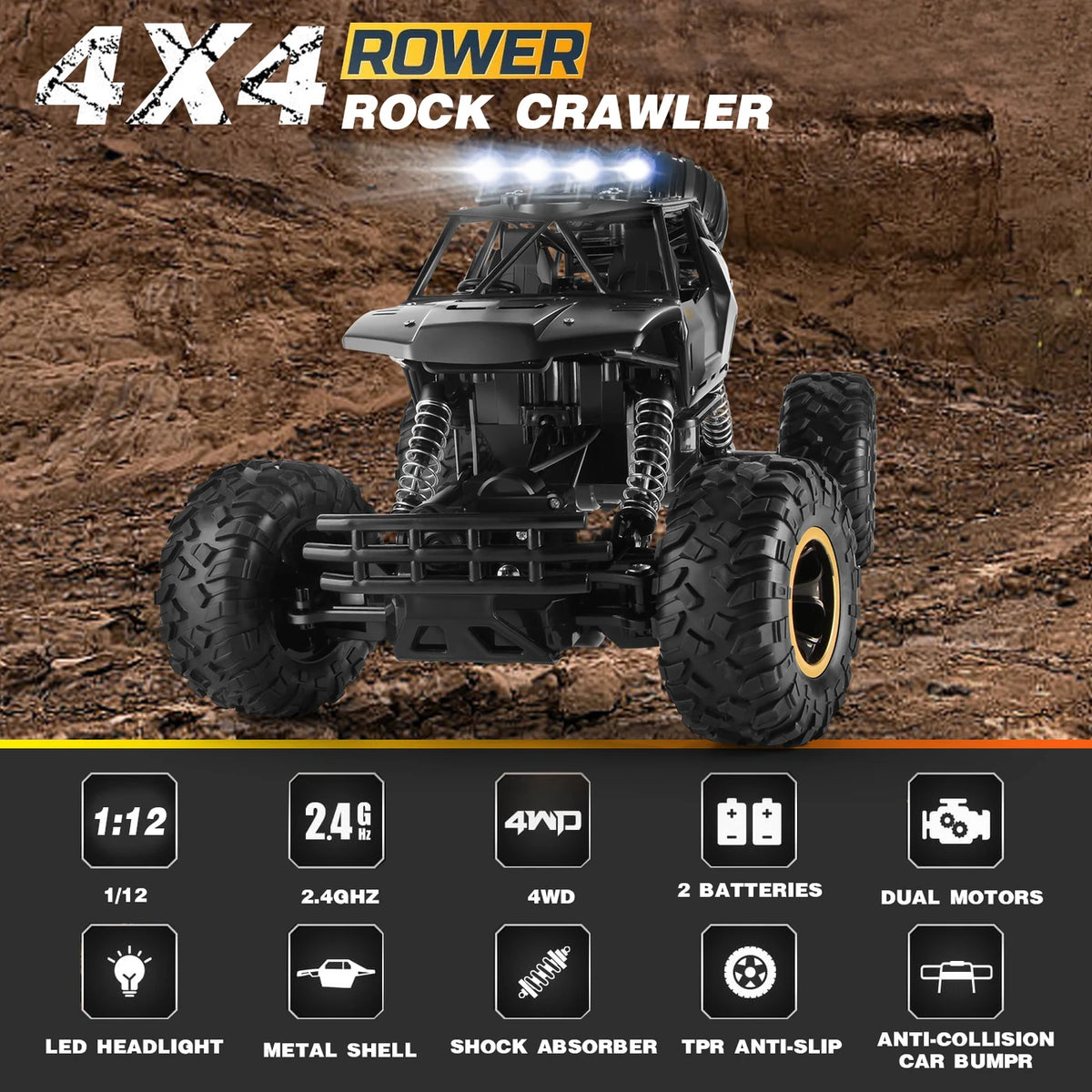 4DRC RC-Monstertruck 1:12 – Offroad-Allradantrieb – Metallgehäuse, LED-Scheinwerfer, 2 Akkus