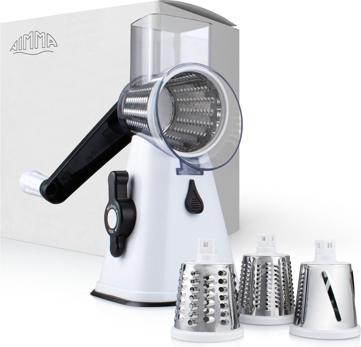 Nimma Trommelreibe - Inklusive 3 Aufsätzen und Spiralschneider - geeignet als Käsereibe und Reibe - Weiß