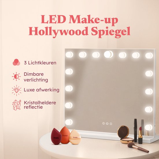 Fraay® Hollywood Spiegel mit Beleuchtung 60x50cm - 3 Lichtstufen - Luxus Make Up Spiegel mit 10-facher Vergrößerung Spiegel - LED Beleuchtung dimmbar - Inkl. 2 Beauty Blenders und Puderquaste