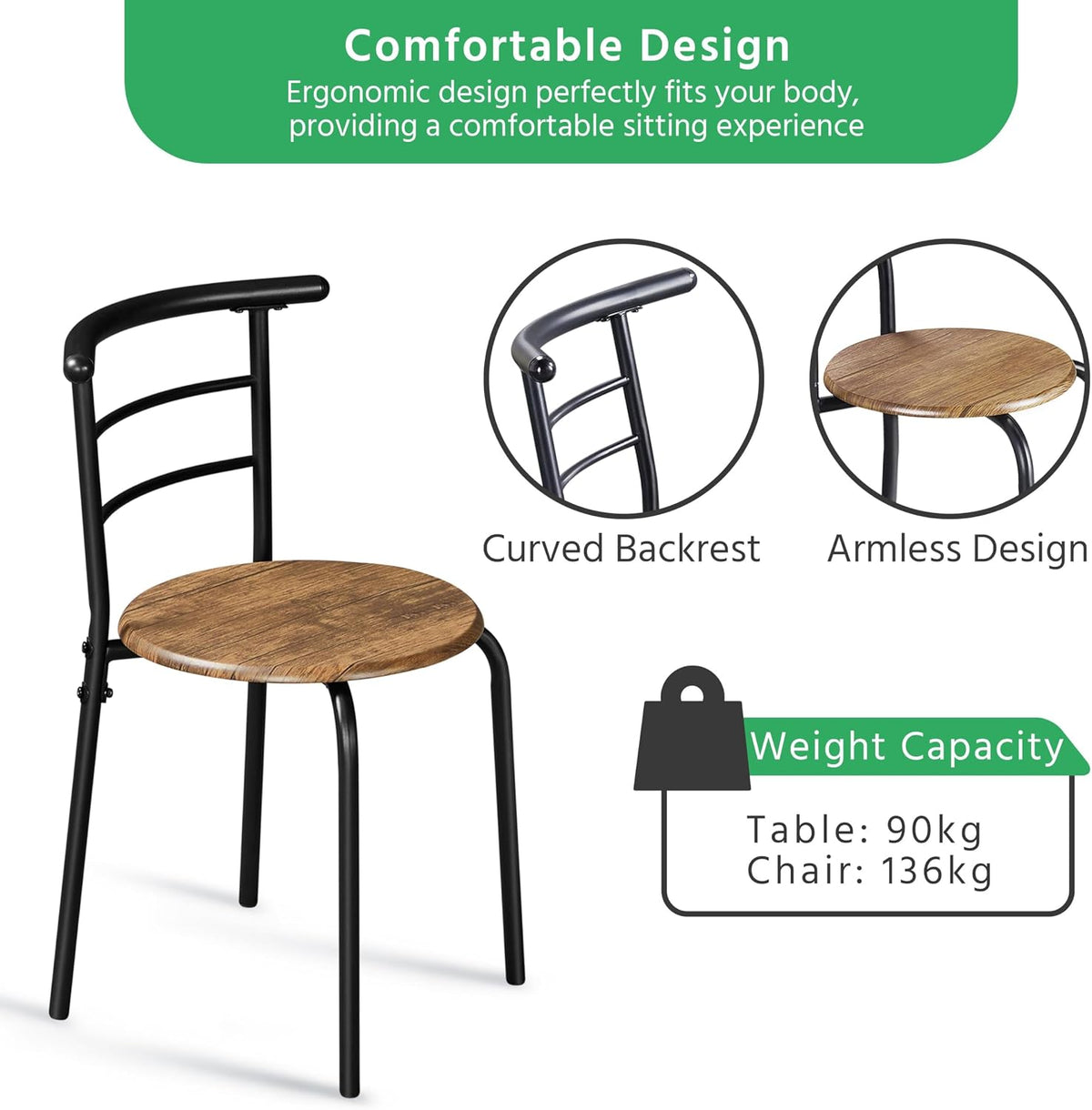 Yaheetech Esstisch-Set für 2 Personen – Tisch 80 x 53 x 75,5 cm mit 2 Stühlen – mit Ablage – Braun