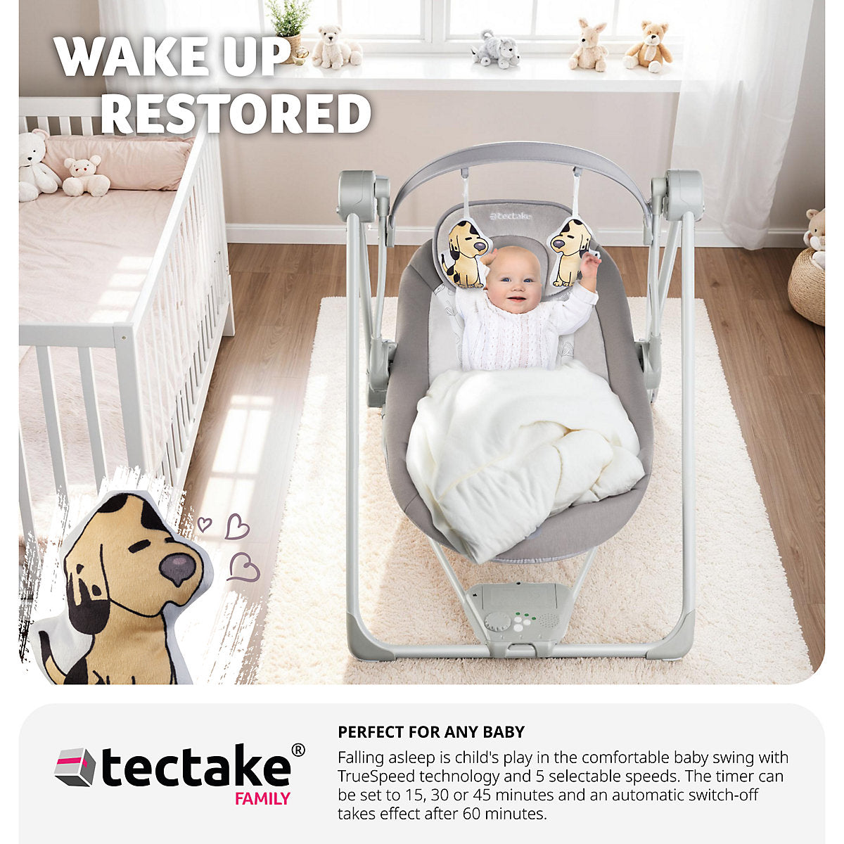 Tectake Babyschaukel 75,5 x 56 x 68 cm – 5 Geschwindigkeitsstufen/Timer – 4 Geräusche – Hellgrau
