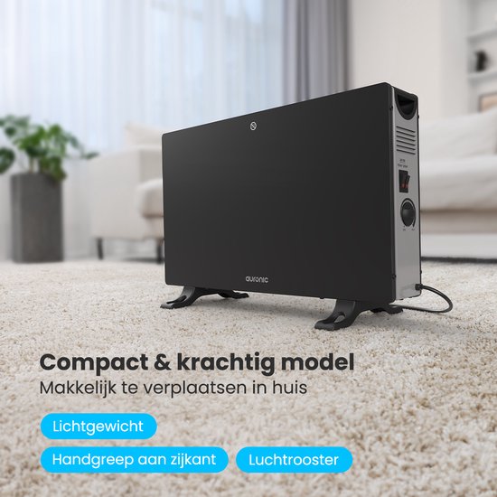 Auronic Konvektorheizung - 2000W - Elektrische Heizung - Schlafzimmer, Wohnzimmer oder Zuhause - Heizung - Schwarz