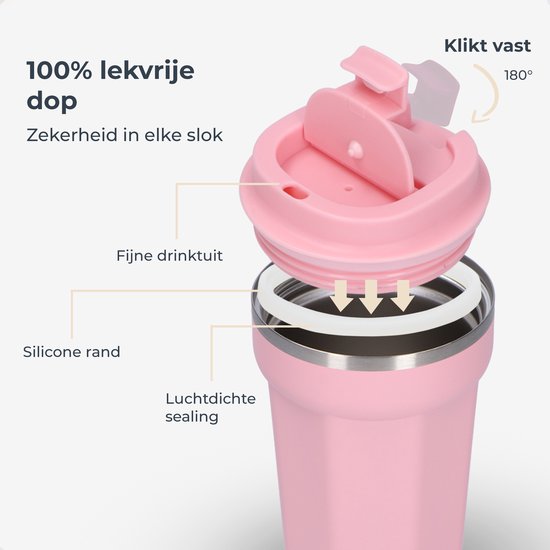 Castagnola Thermosbecher - Kaffeebecher To Go - Reisebecher für Kaffee und Tee - Teebecher - 380 ML - Edelstahl - Rosa - Achteck