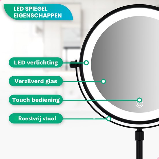 Mirlux Schminkspiegel mit LED-Beleuchtung - 10fache Vergrößerung - höhenverstellbar - 3 Lichtmodi - wiederaufladbar - Vergrößerungsspiegel Schwarz