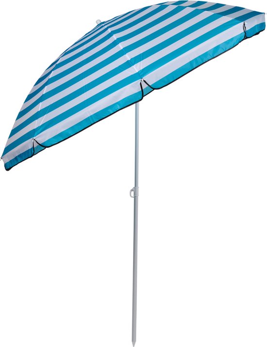 Camp Active Sonnenschirm – Stangensonnenschirm – Strandsonnenschirm mit Erdspieß ⌀170 x 200 cm – Balkonsonnenschirm – Sonnenschutz – Blau/Weiß gestreift